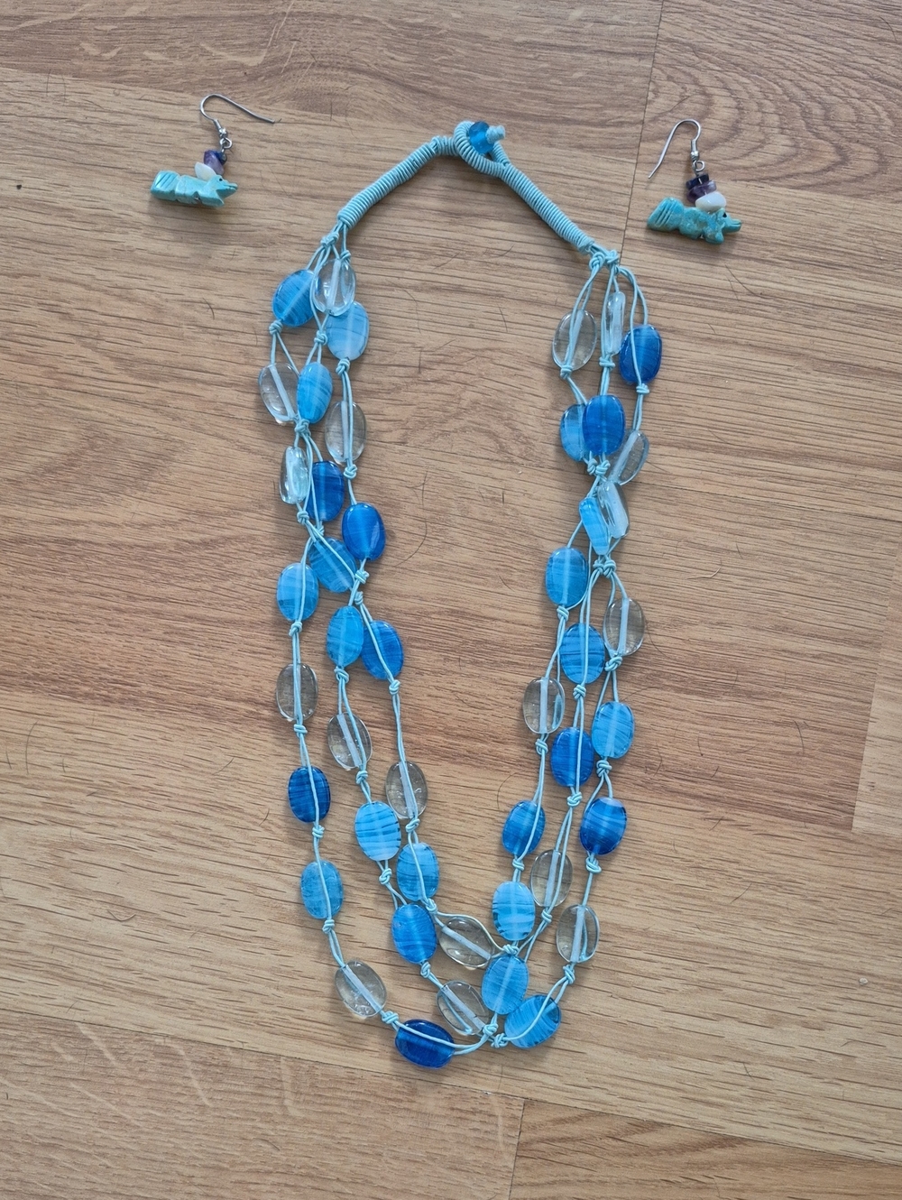 Handcrafted Blue Multi-Strand Bead Necklace with Matching Earrings